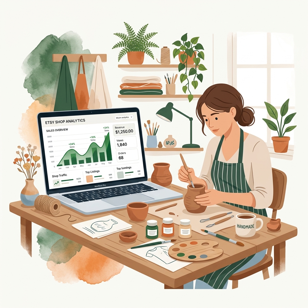 VieRank Etsy artisan pottery workshop and shop analytics integration illustration
