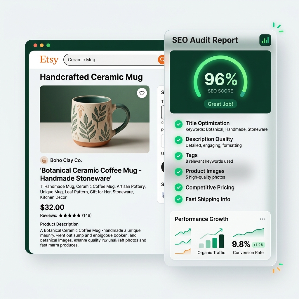 VieRank Etsy listing SEO audit scoring dashboard illustration