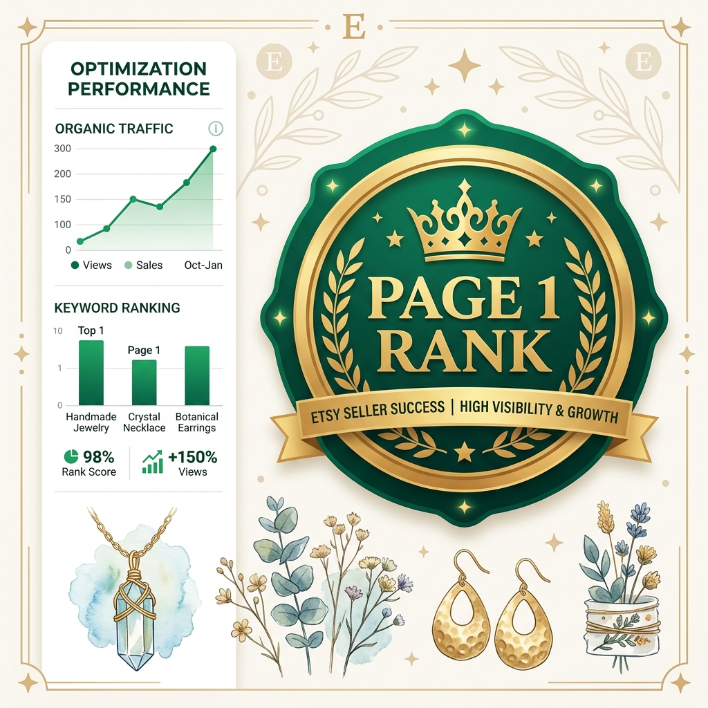 VieRank Page 1 Rank Etsy SEO success dashboard illustration